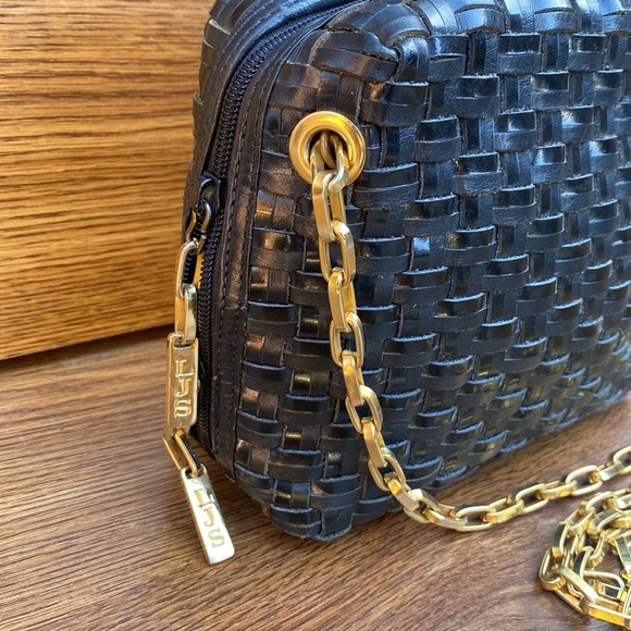 BLACK LEATHER WOVEN CROSSBODY  (GOLD CHAIN STRAP) - Picture 2 of 12